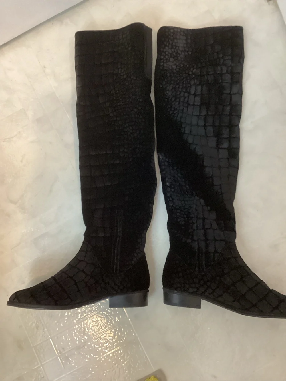Stuart Weitzman velvet embossed OTK boots black